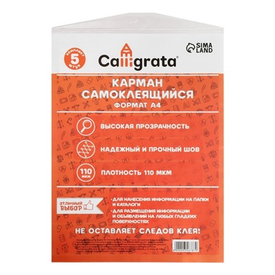 Карман самоклеящийся А4, 223×303 мм, комплект 5 штуки, Calligrata, 110 мкм, на лицевую сторону папок и любые гладкие поверхности