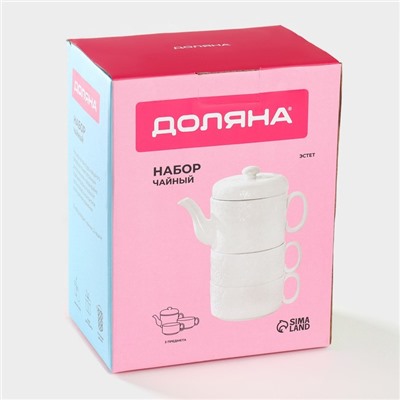 Набор чайный Доляна «Эстет. Орнамент», 3 предмета: чайник 400 мл, 2 кружки 280 мл, фарфор, белый