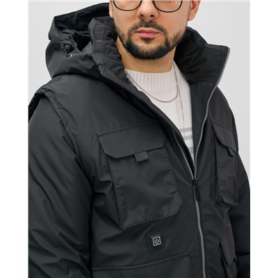 Куртка - жилетка трансформер с подогревом 2 в 1 мужская зимняя черного цвета 6668Ch