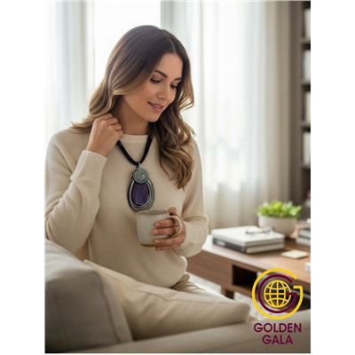 Кулон-подвеска из натурального Агата  на многослойном шнурке АБ4/001 фиолетово-синий