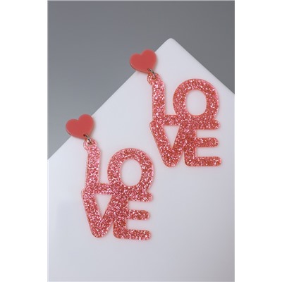 Серьги акриловые LOVE, блёстки, цвет коралловый