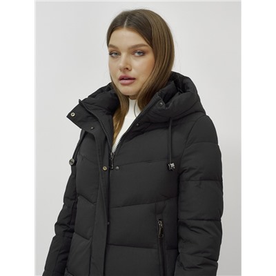 Пальто утепленное стеганное зимнее с капюшоном женское черного цвета 9636_1Ch