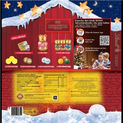 Lindt Teddy Adventskalender 128g, Линдт Адвент-календарь 2025 Тедди, 24 сладких сюрприза, 128 грамм
