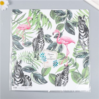 Бумага для скрапбукинга «Фламинго и зебры», плотность 180 г, 30.5×32 см