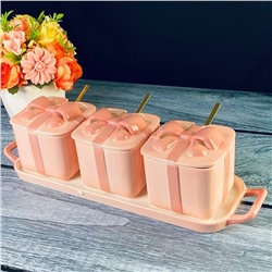 106-343 Набор из 3 баночек 350 мл с ложками на подставке MULTICOLOR  в под.уп.(х12)Фарфор