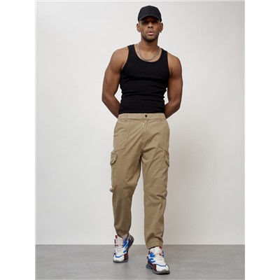 Джинсы карго мужские с накладными карманами бежевого цвета 2422B