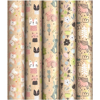 Бумага упаковочная крафт 70*100см ArtSpace Милые животные 70г/м2 ассорти 5 диз К100_40601/Россия