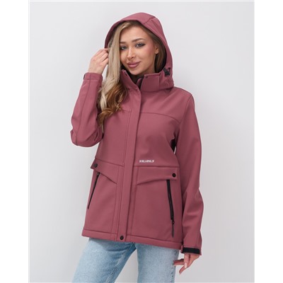 Ветровка спортивная женская с капюшоном softshell малинового цвета 9566M
