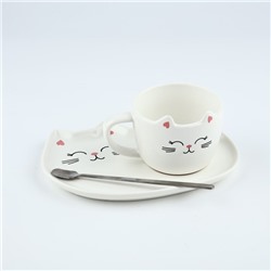 Чайная пара из керамики «Кошечка»: кружка 200 мл, блюдце, ложка