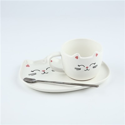 Чайная пара из керамики «Кошечка»: кружка 200 мл, блюдце, ложка
