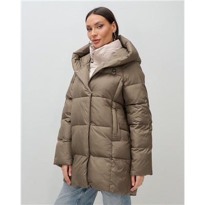 Куртка двубортная женская зимняя с капюшоном коричневого цвета 7736K