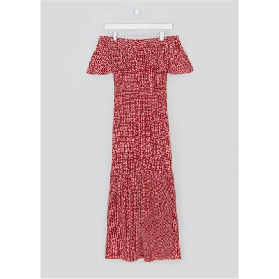 Red Dot Print Bardot Maxi Dress