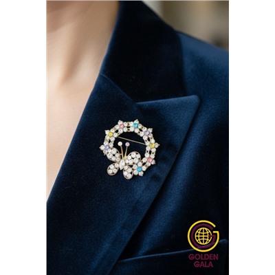 Брошь со стазами круглая с бабочкой  БР4/8