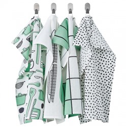 Набор кухонных полотенец с бело-зеленым принтом (4 шт), RINNIG Tea Towel White/Green/Patterned Set, произв. IKEA
