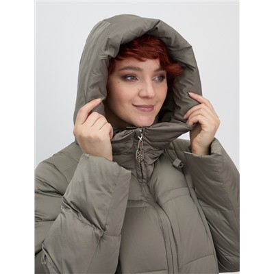 Пальто зимнее утепленное с капюшоном женское светло-коричневого цвета 7702SK