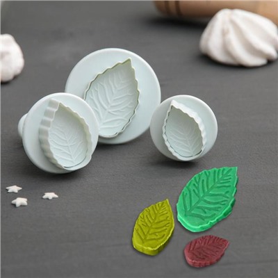 Плунжеры кондитерские Доляна «Лист», набор 3 шт., d=3.2/4/5 см, пластик, белые