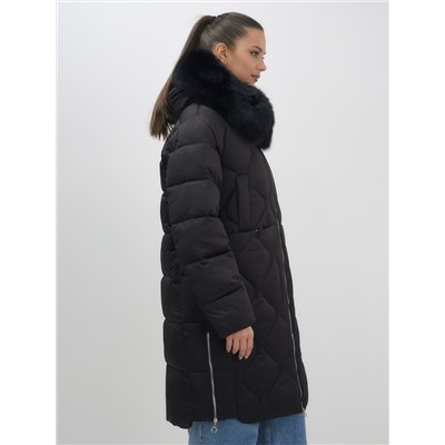 Пальто зимнее утепленное с мехом и капюшоном тренд черного цвета 7753Ch