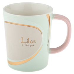 Кружка фарфоровая "Акварель" 320мл, д8,4см h10см, глянцевая глазурь, деколь с золотом, цвет - светло-мятный, ложка нерж. 14,3см, фарфоровая крышка, д/горла 8,2см, д/основания 6,7см, в подарочной коробке (Китай)