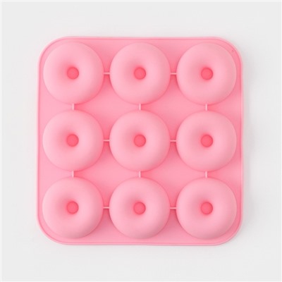 Форма для выпечки Доляна «Сладости. Пончик», силикон, 28.5×28.5×3 см, 9 ячеек (d=8 см), розовая
