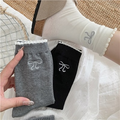 Breathable silver brand knee socks with bow, with embroidery, mid-length