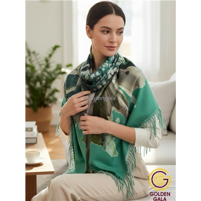 Платок теплый кашемировый с рисунком 3D Арт 1972/8 зеленая бирюза