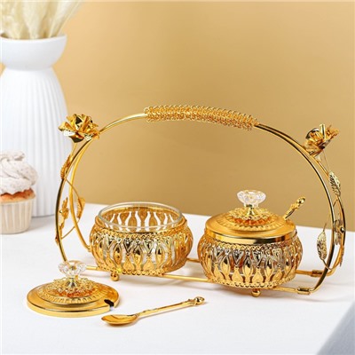Сахарницы «Бонжур», с ложками, на подставке, набор 2 шт., металл, золотистые