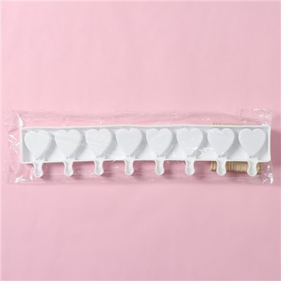 Форма для мороженого Доляна «Сердца. Макси», силикон, 49×6.5×2 см, 8 ячеек, палочки 50 шт., белая