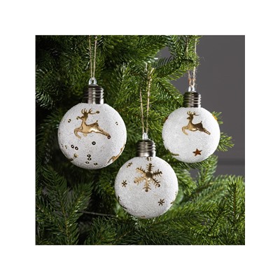 Набор ёлочных шаров «Золотистые узоры», 3 шт., d=8 см, 1 LED, от батареек, свечение тёплое белое