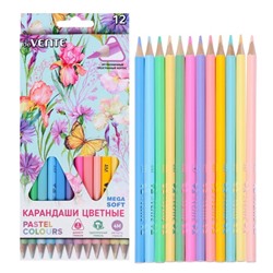 Карандаши цветные 12 цветов, deVENTE Trio Mega Soft Pastel, трёхгранный корпус, супер мягкие, 4M, грифель 3 мм, пастельные цвета