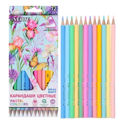 Карандаши цветные 12 цветов, deVENTE Trio Mega Soft Pastel, трёхгранный корпус, супер мягкие, 4M, грифель 3 мм, пастельные цвета