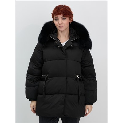 Куртка зимняя женская с мехом и капюшоном тренд черного цвета 7639Ch