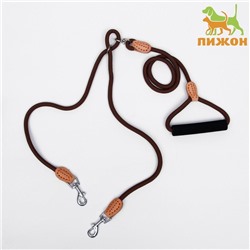 Поводок 8 мм со своркой на 2 собак, полиэстер и натуральная кожа, 73 + 2×57 см, коричневый