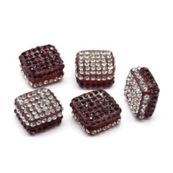 Бусина полимерная со стразами ромб 18*18мм, цв.хрусталь, гранатовый (упаковка 5 штук)