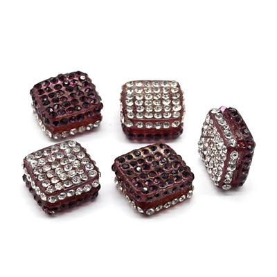 Бусина полимерная со стразами ромб 18*18мм, цв.хрусталь, гранатовый (упаковка 5 штук)