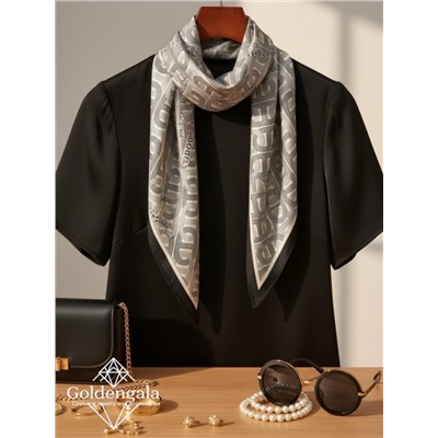 Косынка шелковая с принтом Арт 25183/003 (черный-молочный)