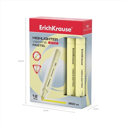 Маркер текстовыделитель ErichKrause Visioline V-17 Pastel, 0.6-4.5 мм, чернила на водной основе, жёлтый