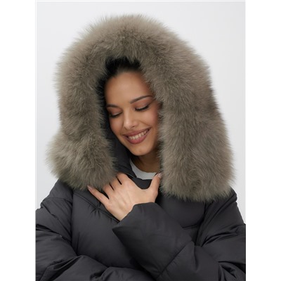 Пальто зимнее утепленное с мехом и капюшоном тренд черного цвета 7745Ch