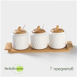 Банки для сыпучих BellaTenero «Тюльпан», 300 мл, с ложками, на бамбуковой подставке, фарфор, белые