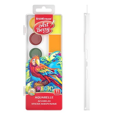 Акварель 11 цветов, ErichKrause ArtBerry Neon, неоновая, с УФ-защитой, с увеличенными кюветами XXL, без кисти, пластик, европодвес