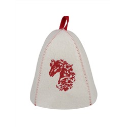 Шапка банная с вышивкой "Красный конь", войлок белый