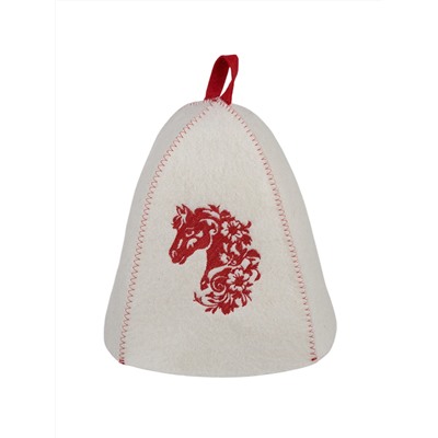 Шапка банная с вышивкой "Красный конь", войлок белый