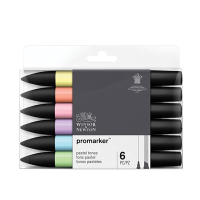 Набор художественных маркеров двухсторонних Winsor&Newton "Pro", пулевидный/скошенный, 2мм/7мм, 06цв., пастельные оттенки