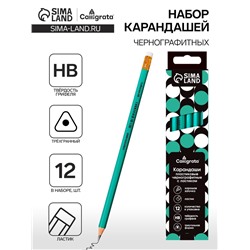 Набор карандашей чернографитных 12 штук, Calligrata Classic, с ластиком, заточенные, пластик, трехгранные, зеленые