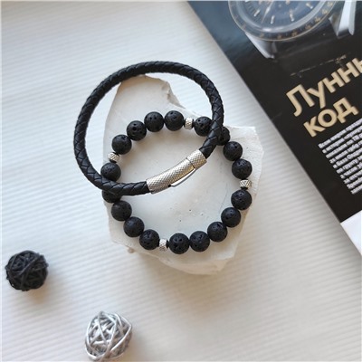 Сет из 2х браслетов: вулканит, камни 10 мм + кожаный браслет