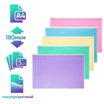 Набор папок-конвертов на ZIP-молнии A4, 180 мкм, Calligrata «Акварель», полупрозрачные, 5 штук, МИКС