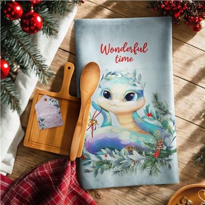 Набор новогодний подарочный "Этель" "Wonderful time": полотенце 40х70 см., ложка кухонная, доска кухонная