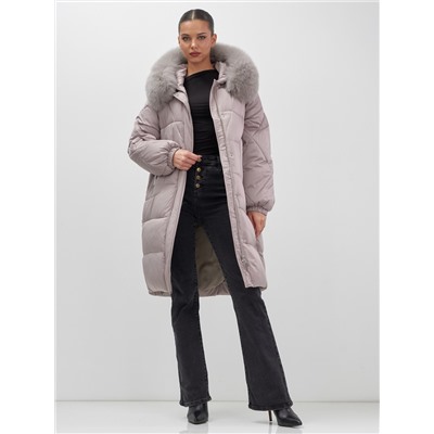 Пальто зимнее утепленное с мехом и капюшоном тренд светло-коричневого цвета 7629SK