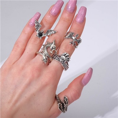 Набор колец «Драконы», 5 шт. размер МИКС, цвет чернёное серебро