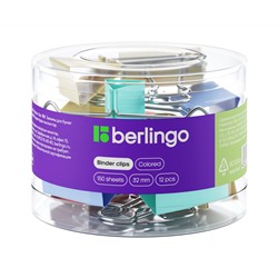 Зажимы для бумаг 32мм, Berlingo, 12шт., цветные, пластиковый тубус