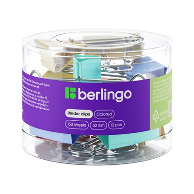 Зажимы для бумаг 32мм, Berlingo, 12шт., цветные, пластиковый тубус